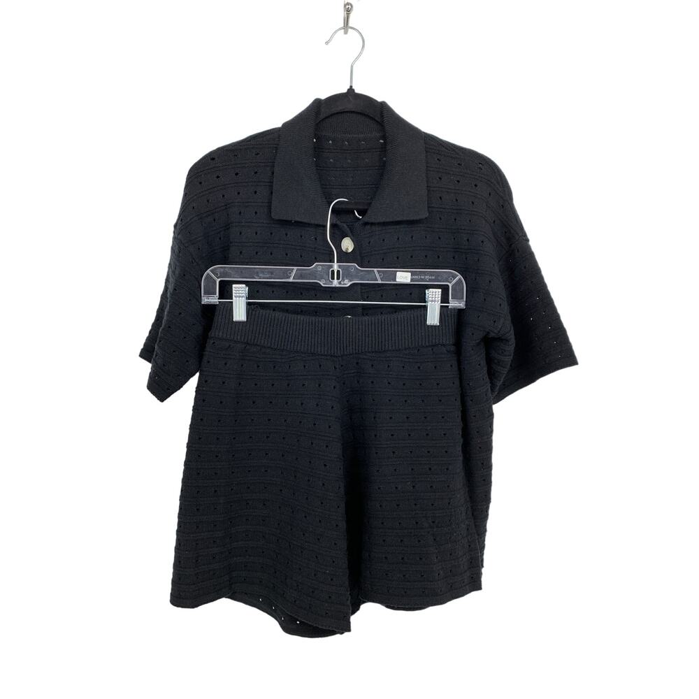 Unbranded Two Piece Set Buttondown Top & Shorts Womens Small Black Open Knit